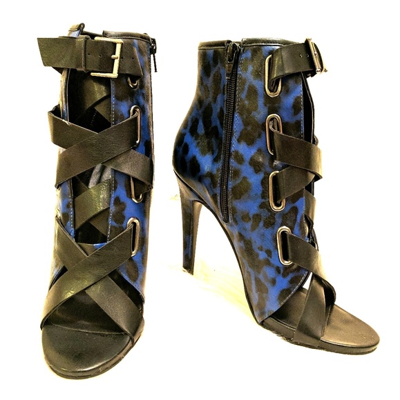 Paper Fox Shoes - Blue Leopard Peep Toe Booties